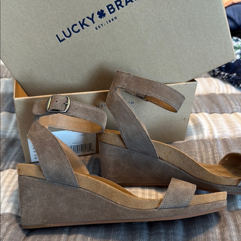 Lucky Brand Taupe Suede Wedge Sandals